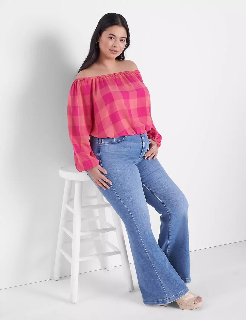 Lane Bryant Plus Size 18/20 Pink Gingham Off Shoulder Peasant Crop Top Boho EUC